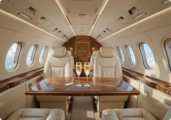The inside of a private jet with a table and chairs.
