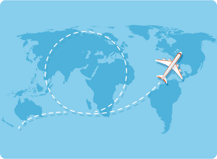 Illustration of a white airplane flying over a light blue world map with a dashed flight path looping around Africa and heading to South America.
