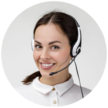Smiling woman wearing a headset with microphone against a light background.