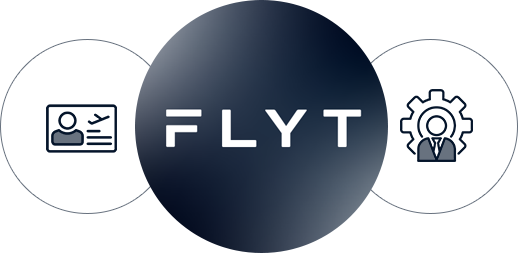 FLYT logo with icons representing a credit card on the left and a delivery person holding a package on the right.