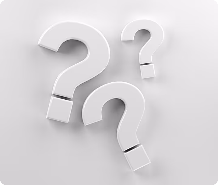 Three three-dimensional white question marks set against a light gray background.