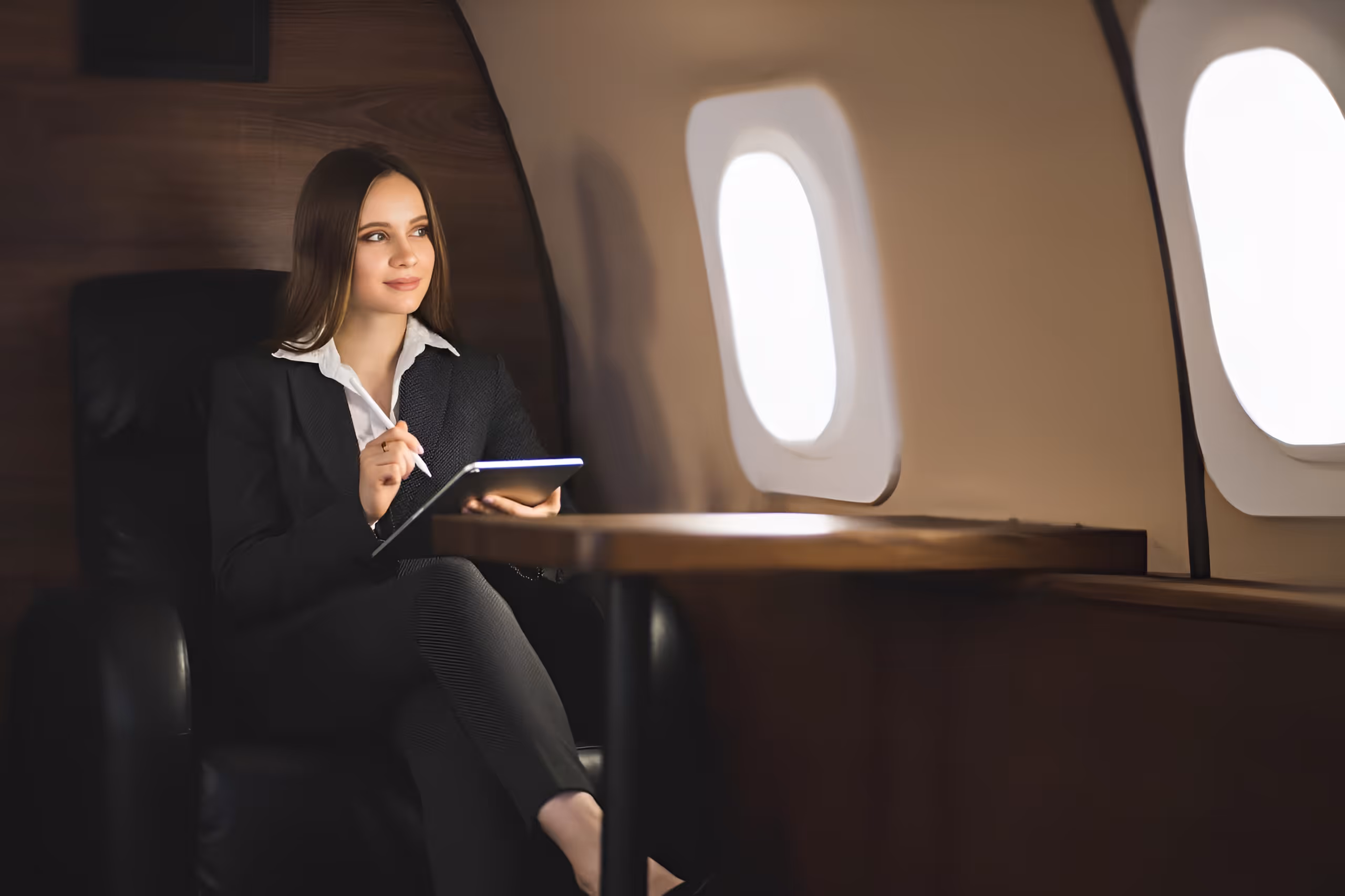 Businesswoman in a suit sitting on a leather chair inside an airplane, writing on a digital tablet.
