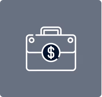 White outline of a briefcase with a dollar sign on a dark blue-gray background.