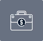 White outline of a briefcase with a dollar sign on a dark blue-gray background.