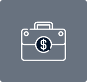 White outline of a briefcase with a dollar sign on a dark blue-gray background.