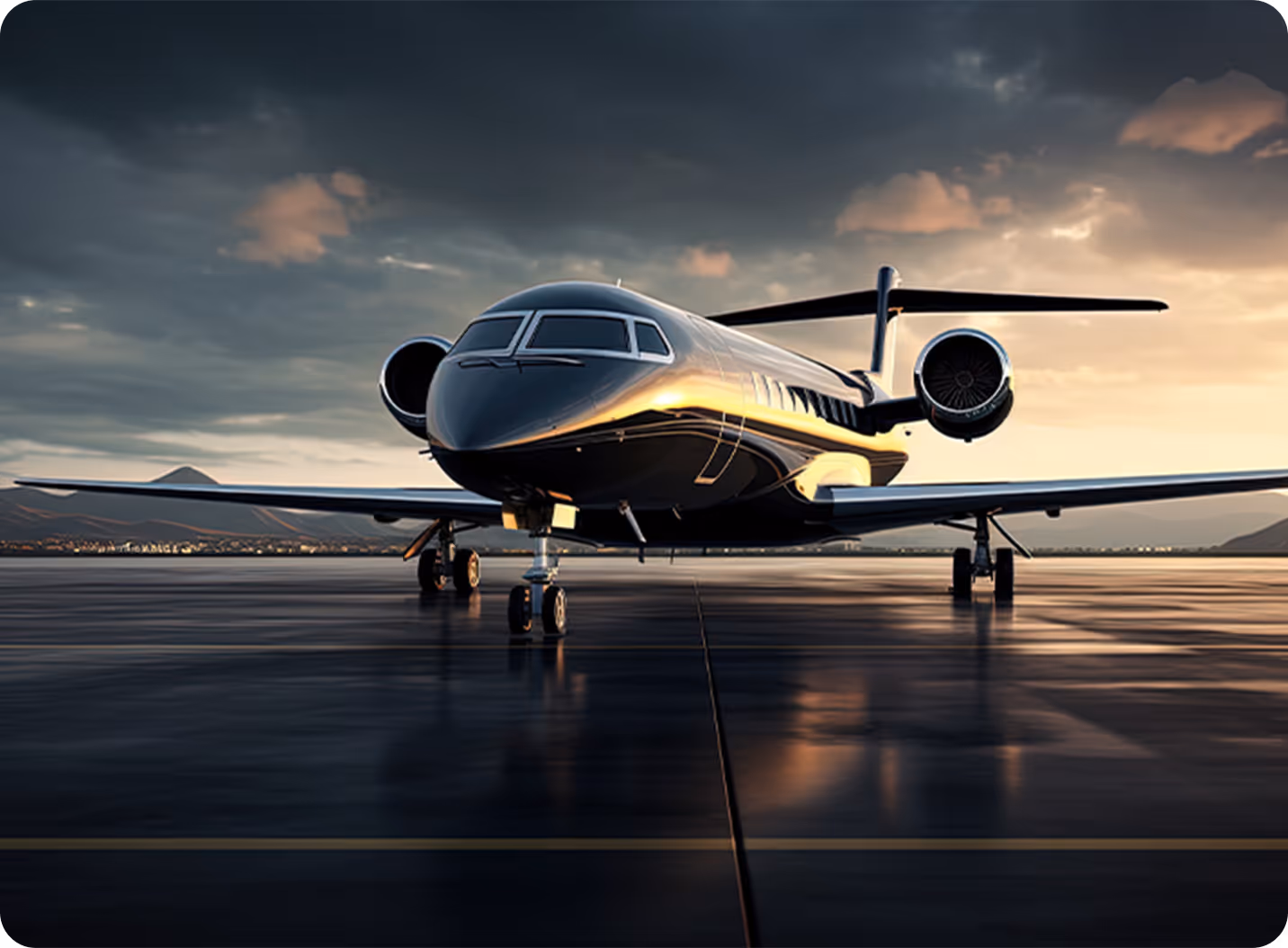 An airplane is sitting on the tarmac at sunset.