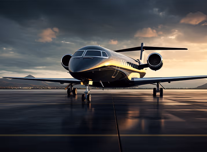 An airplane is sitting on the tarmac at sunset.
