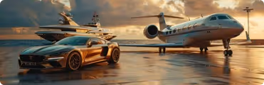 A car parked next to an airplane on a runway.