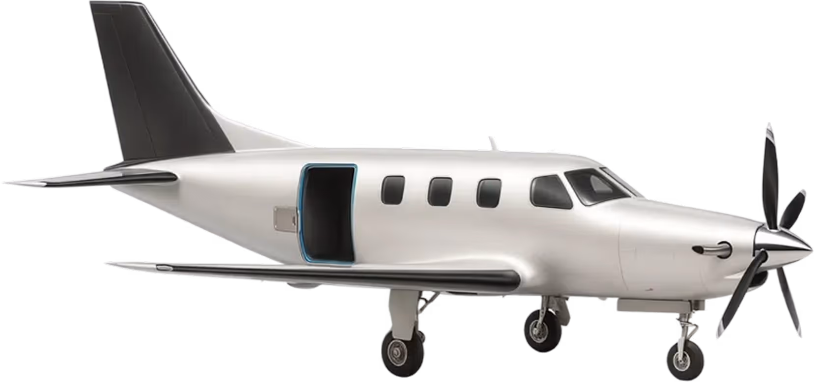A small white airplane is flying in the air.