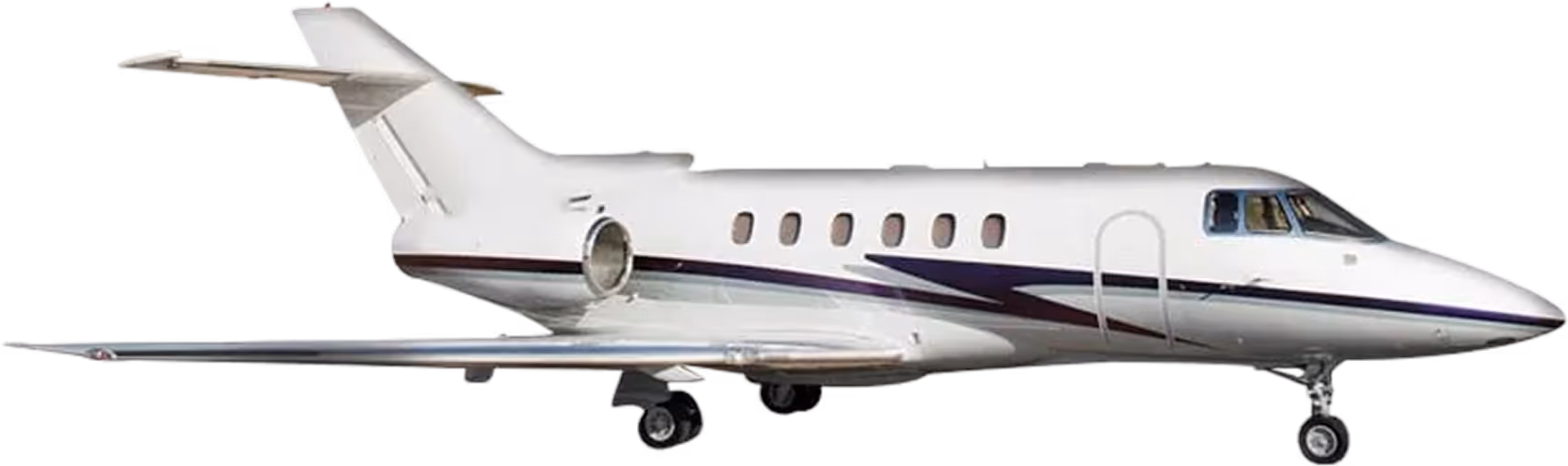 A small white airplane with a black stripe on the side.