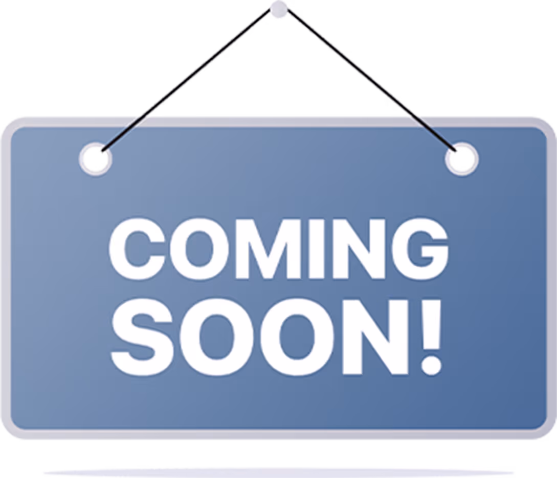 Blue hanging sign with the text 'COMING SOON!' in bold white letters.