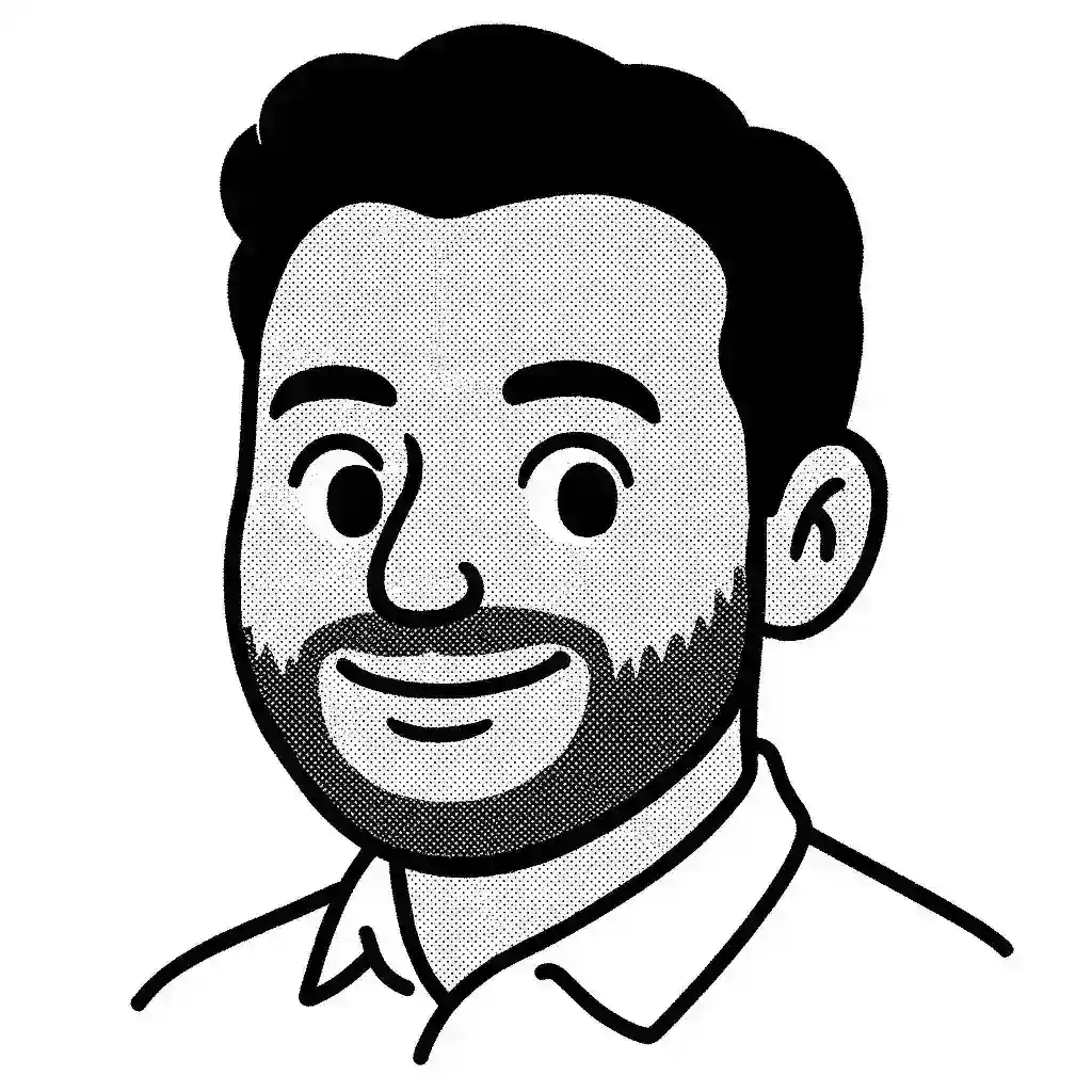 A stylized black and white illustration of Denis Shirokov, Overchat AI contributor.