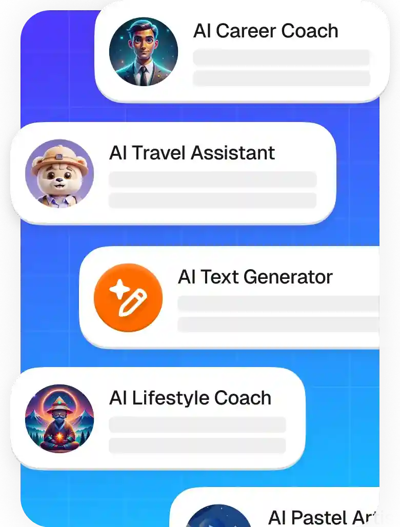 Overchat AI interface showing a scrollable list of tools including AI Career Coach, AI Travel Assistant, AI Text Generator, and AI Lifestyle Coach.