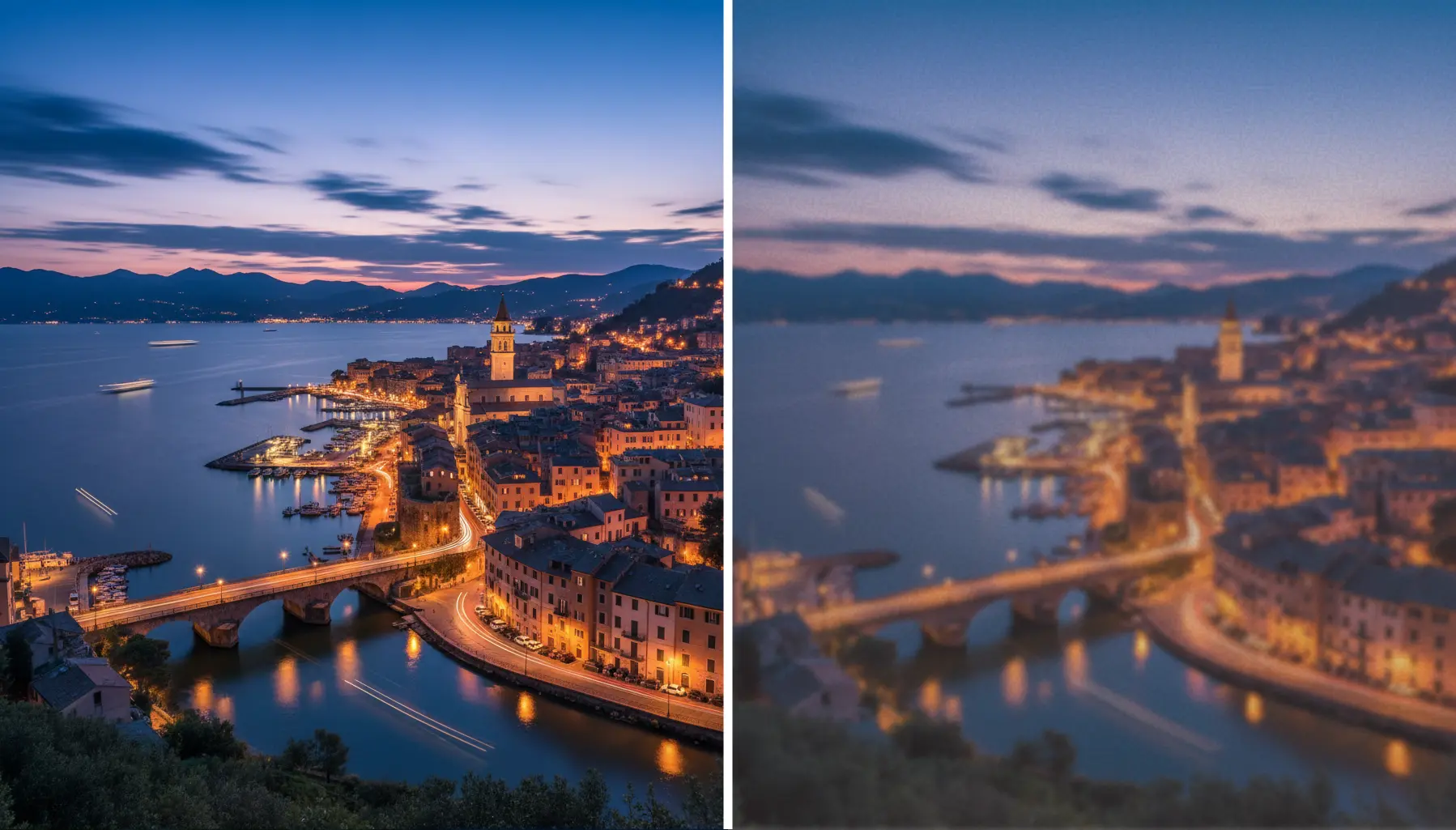 Side-by-side comparison of a coastal town at dusk, with the left image sharp and clear and the right image blurred, showing lights reflecting on the water and a bridge over a river.