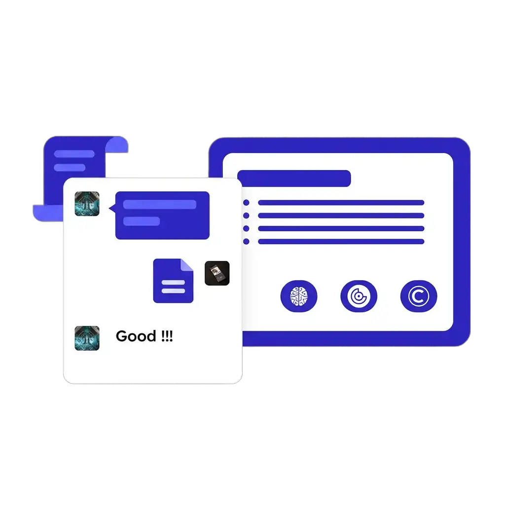 Minimalist UI illustration showing Overchat AI chat and document interface, with layered cards, message bubbles, and simplified icons in blue and white, representing AI-powered communication and content generation.