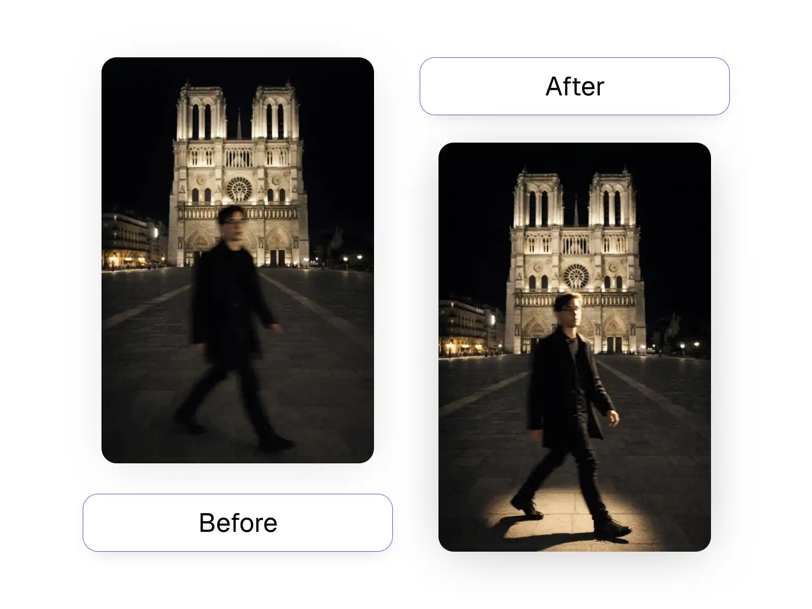 Side-by-side photos of a young woman with short dark hair: left in casual black Nike t-shirt outdoors, right in professional blazer and light blue shirt on white background.