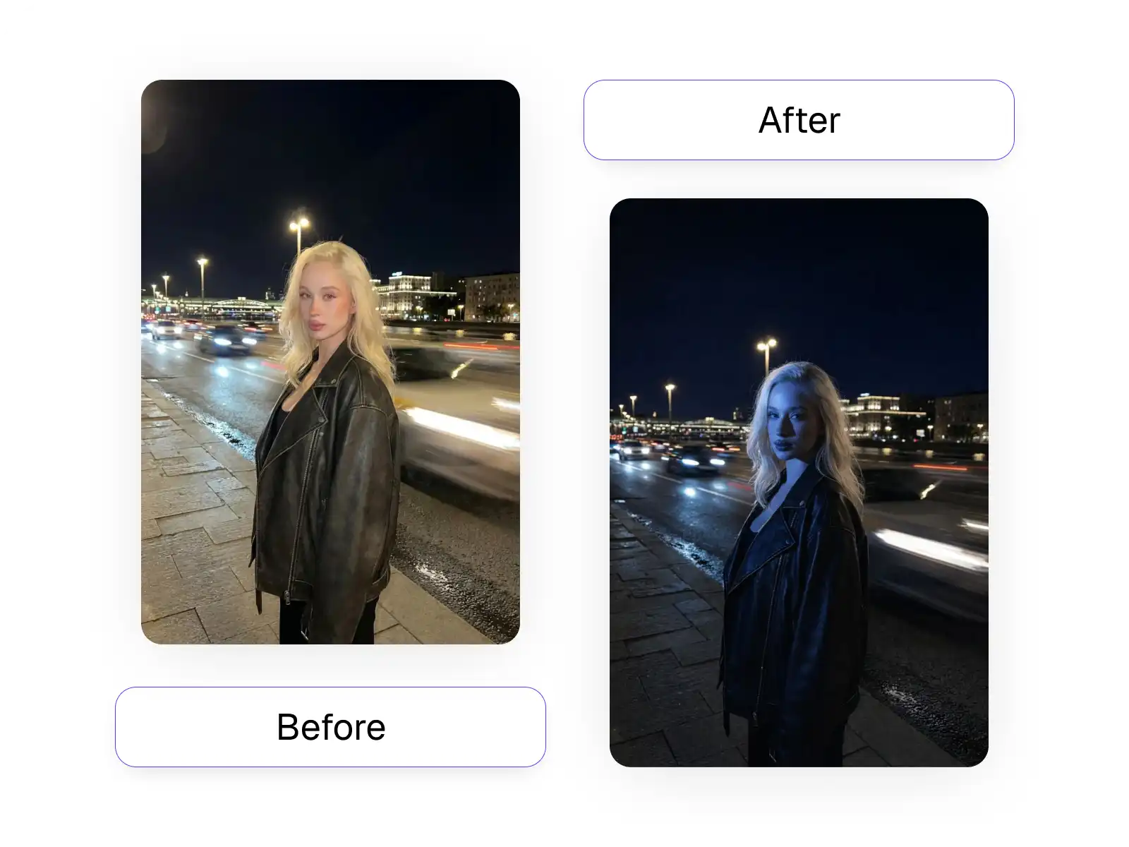 Two headshots of a smiling woman with straight brown hair, one casual outdoors in a denim jacket and the other professional indoors in a black blazer and white blouse.