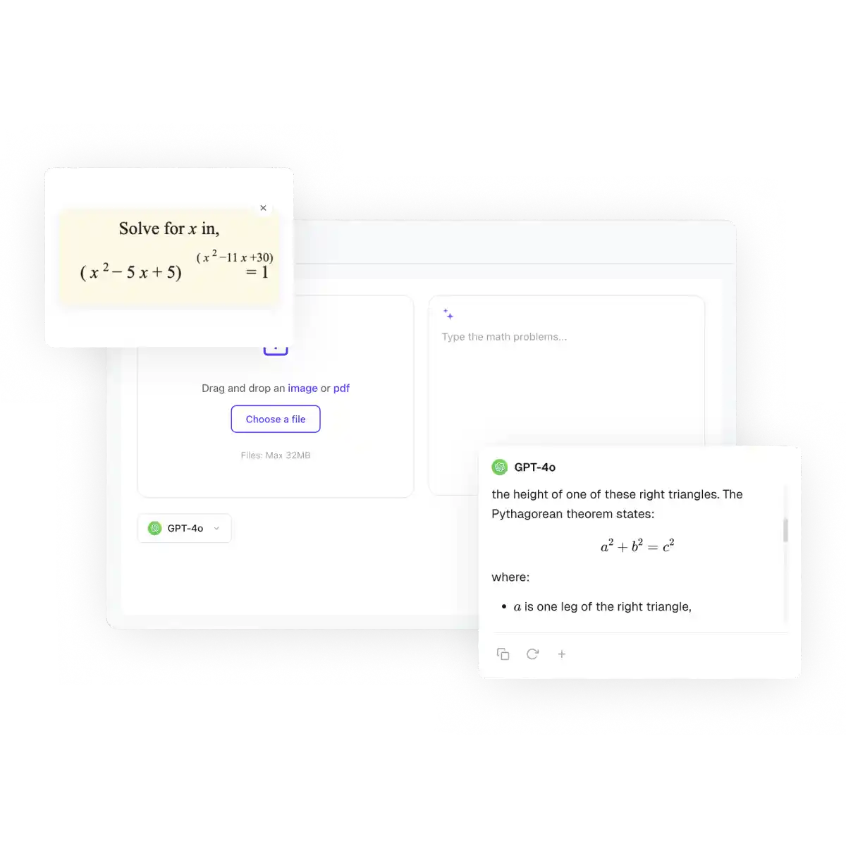 Overchat AI Math Solver interface with photo and text solutions