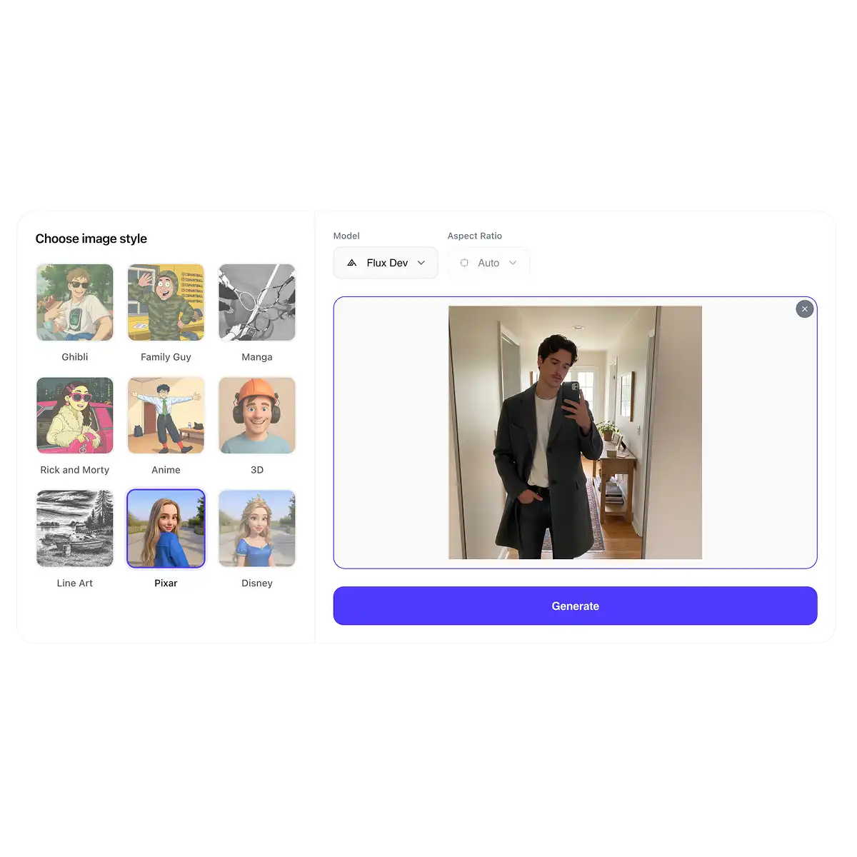 Overchat AI Photo to Pixar online image converter interface
