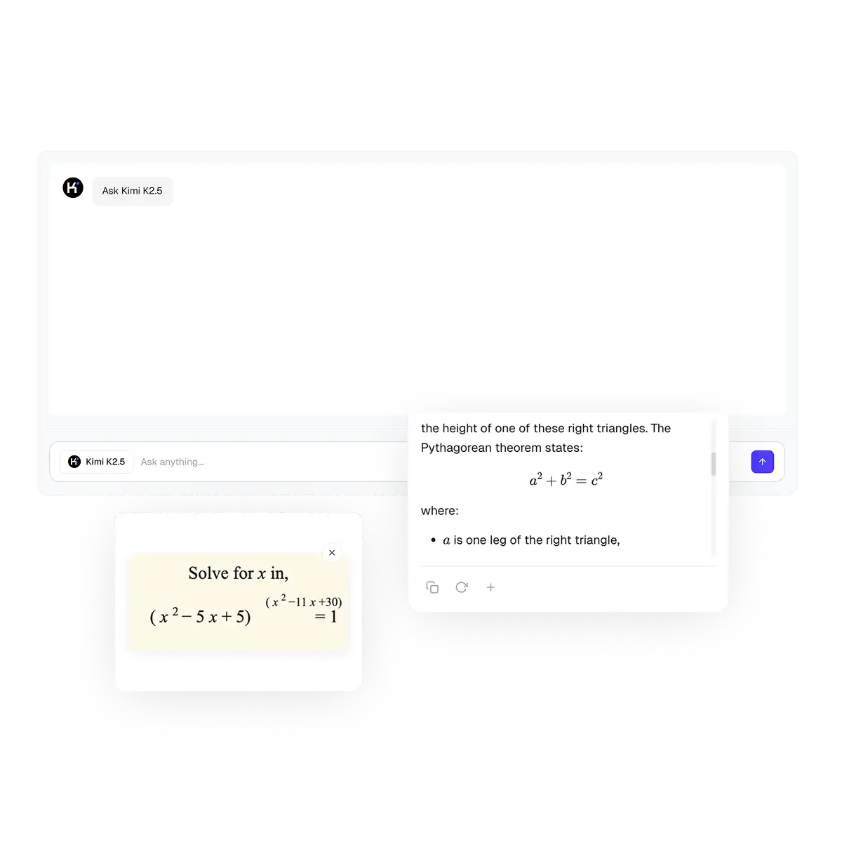 Kimi K2.5 interface on Overchat AI showing math solution