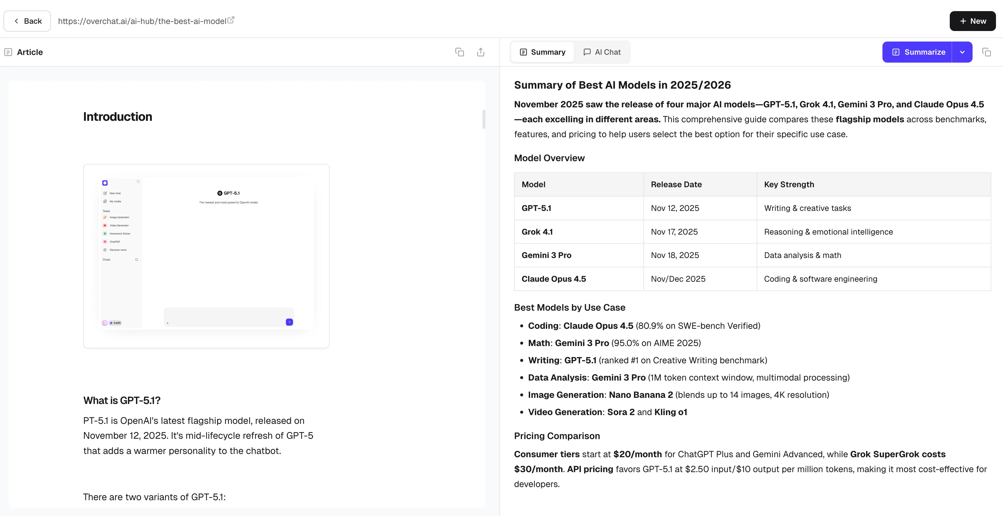 Overchat AI Article Summarizer Online