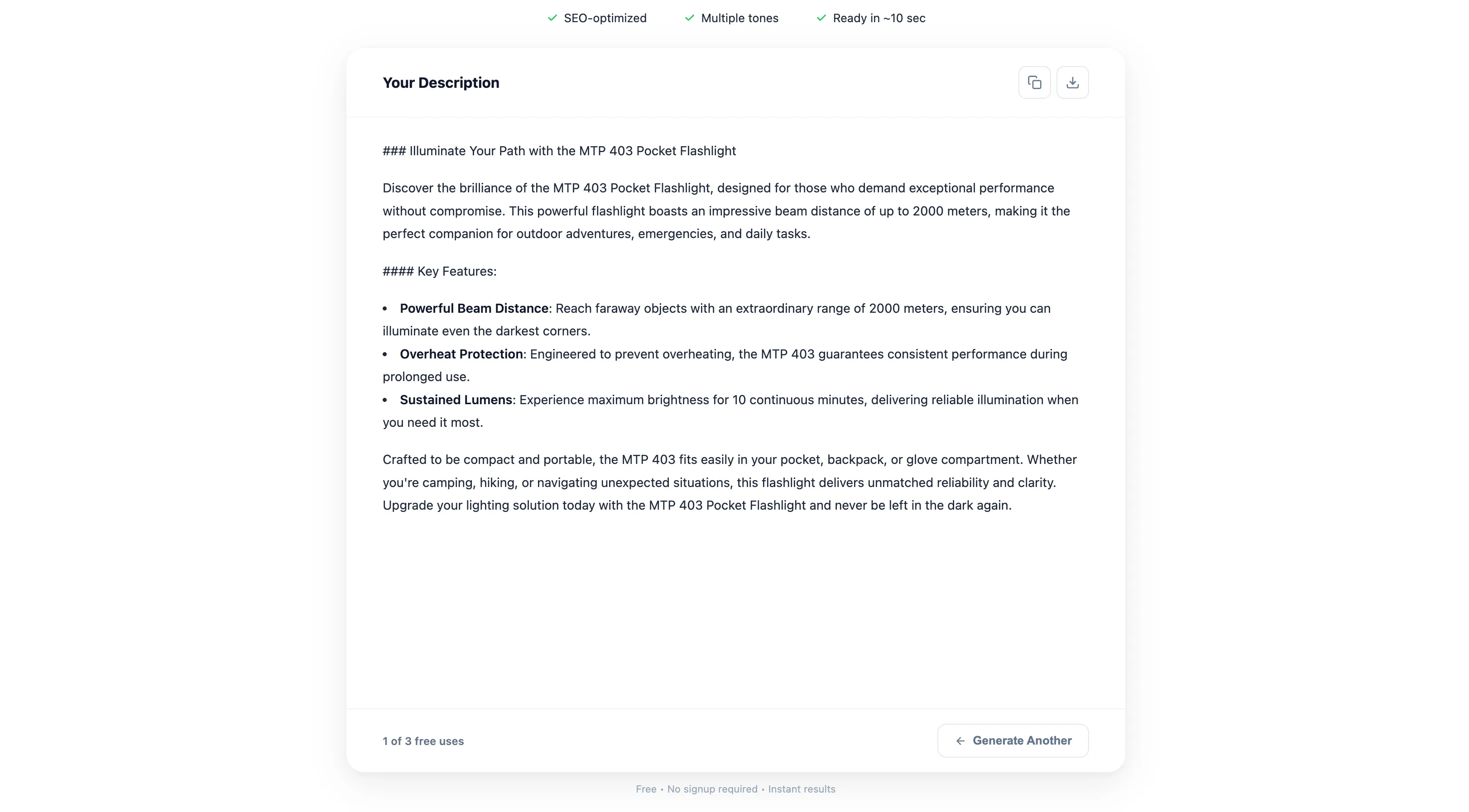 Overchat AI product description generator result