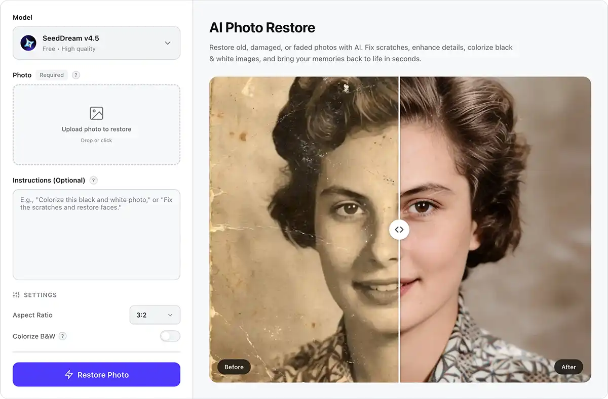 Overchat AI restore old photo