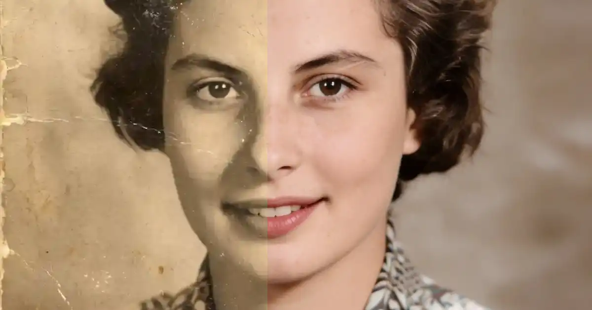 Black and white portrait photo colorized with AI photo restoration