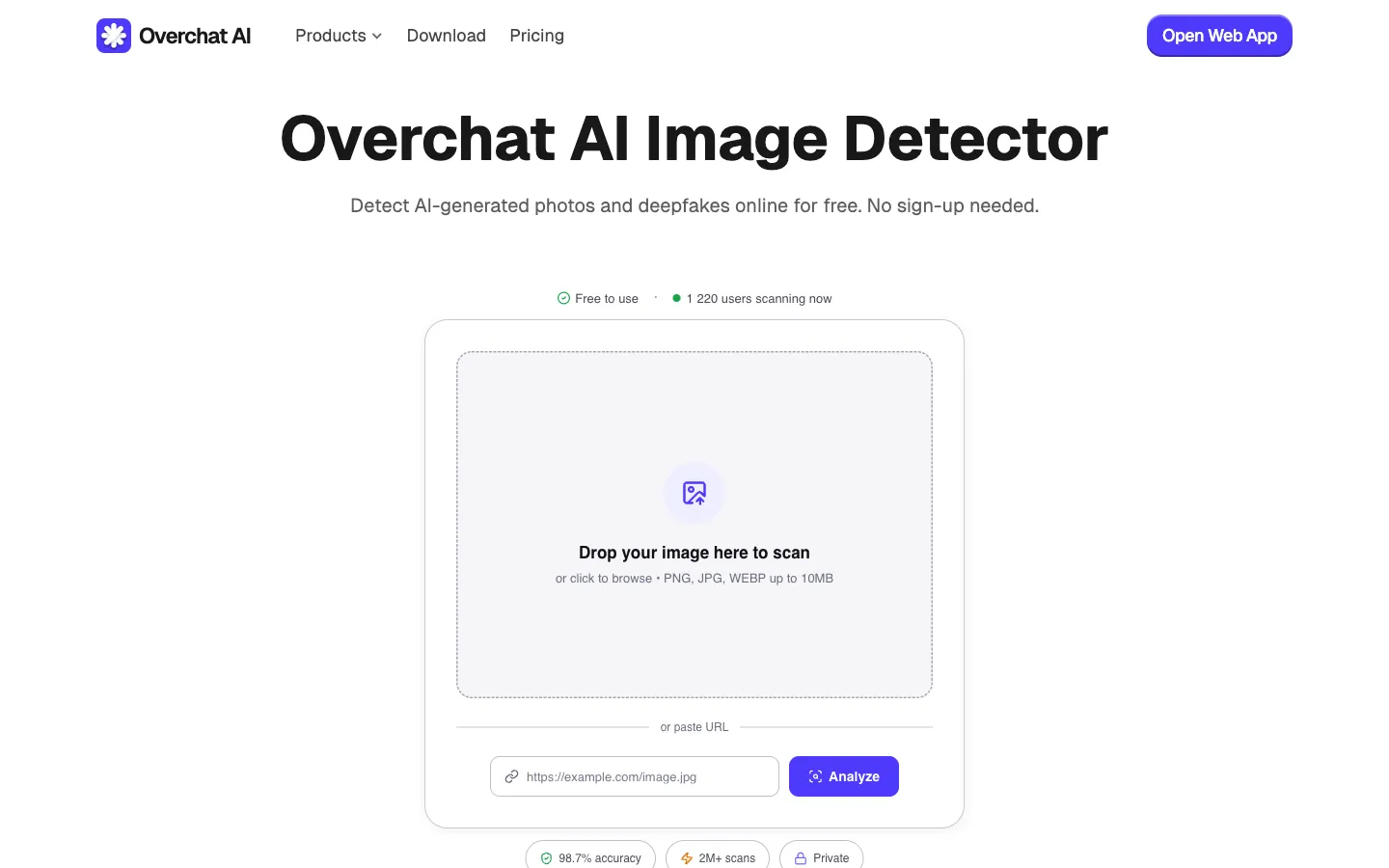 Overchat AI Image Detector drop zone for uploading photos to check for deepfakes