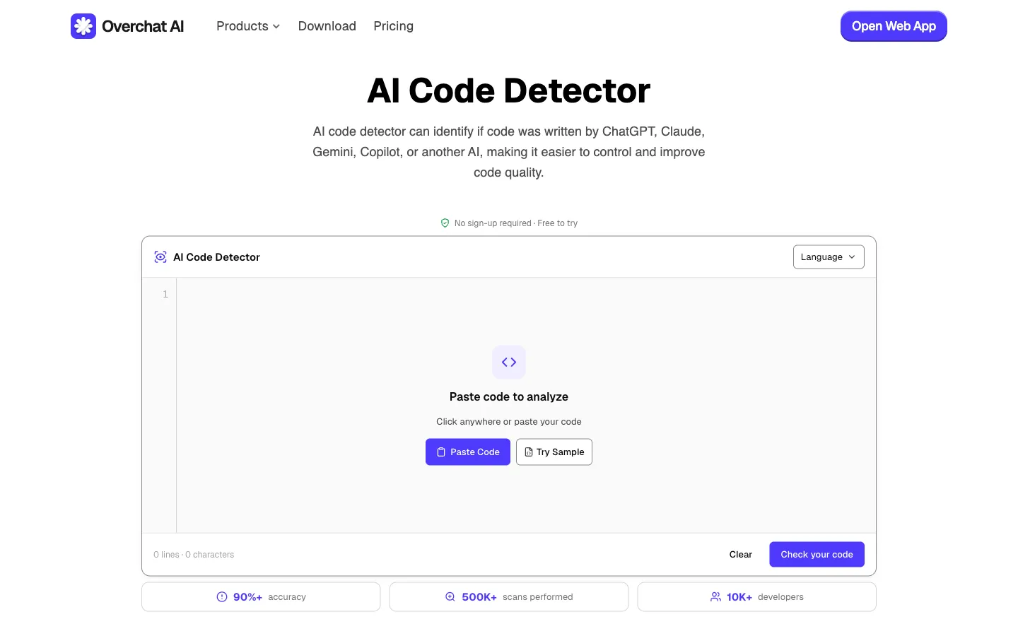 Overchat AI Code Detector with paste code area and language selector