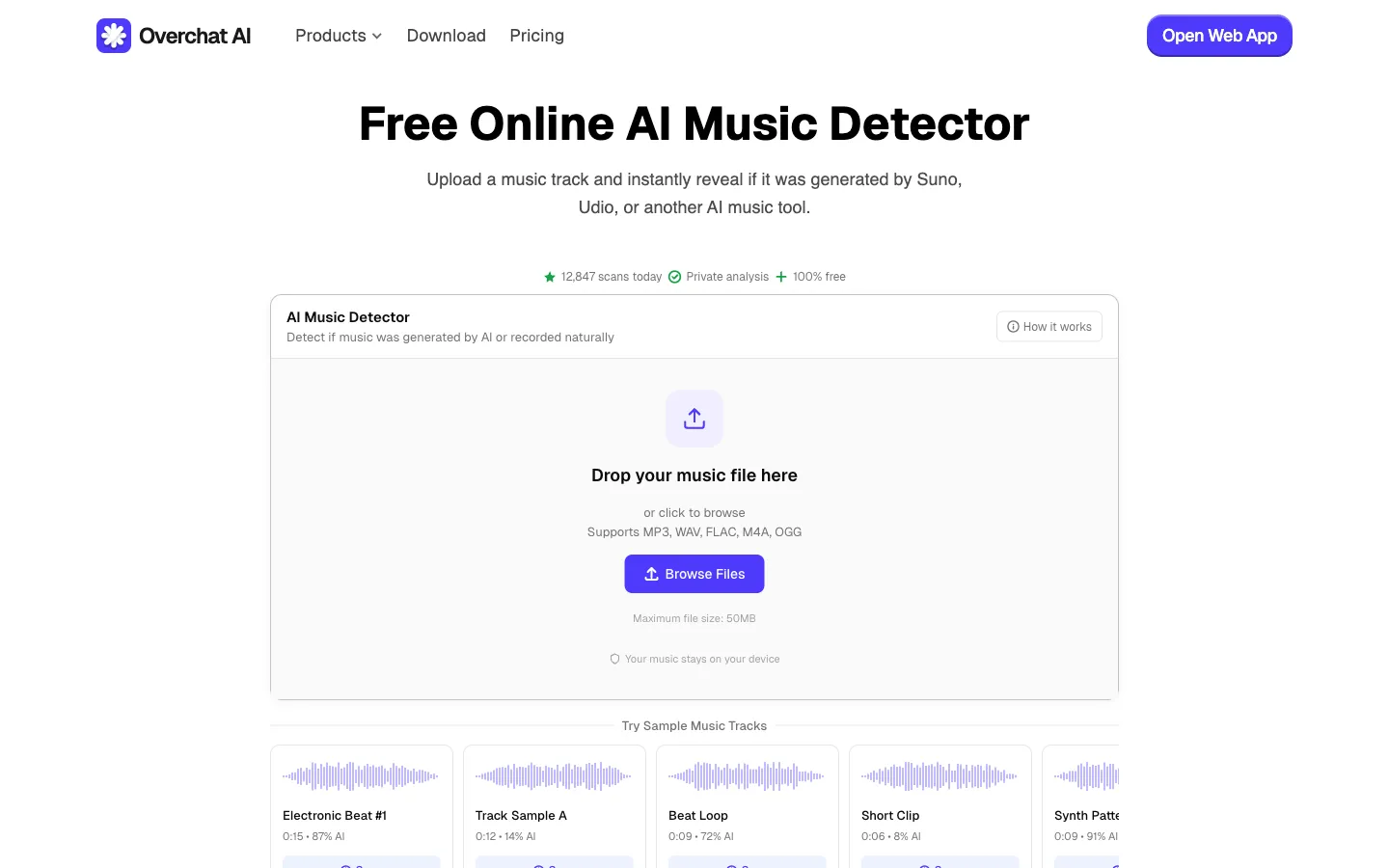 Overchat AI Music Detector upload interface with sample track waveforms