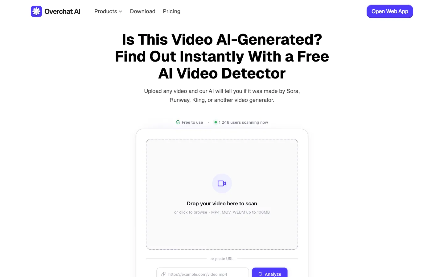 Overchat AI Video Detector drop zone for scanning video files