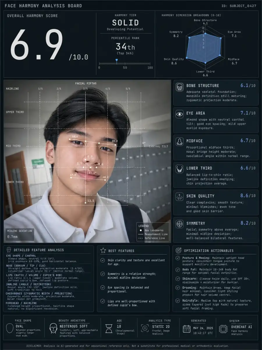Overchat AI face rating result showing a detailed score