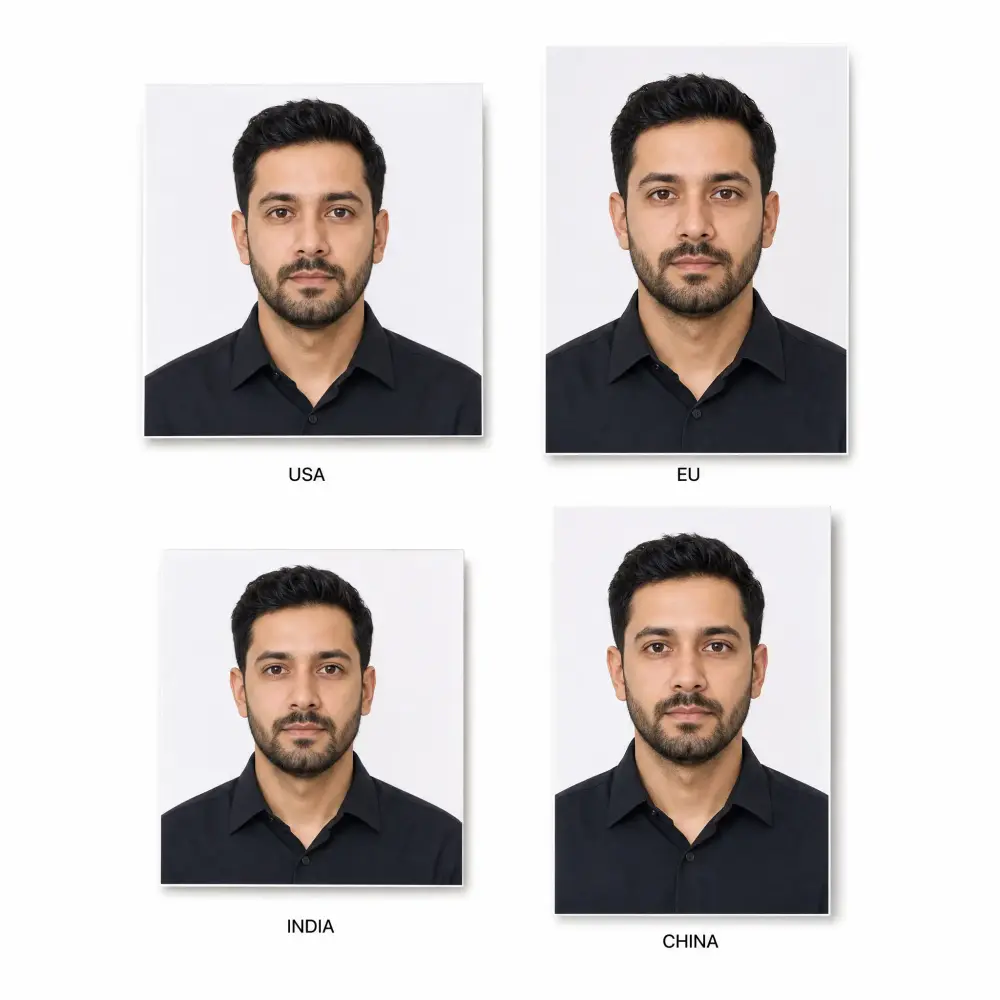 Four passport photos of the same man cropped to USA, EU, India, and China sizes