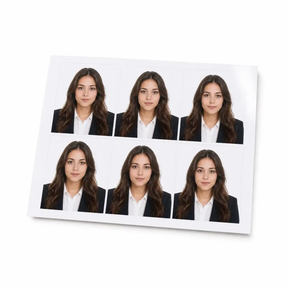 Printed 4 by 6 inch photo sheet with six identical passport photos of a woman