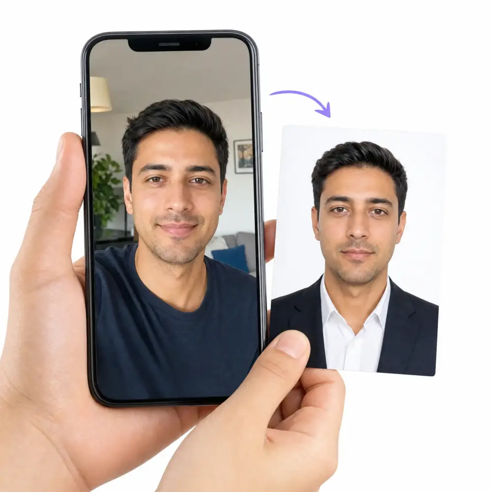 A hand holding a smartphone with a casual selfie next to the resulting AI-generated passport photo
