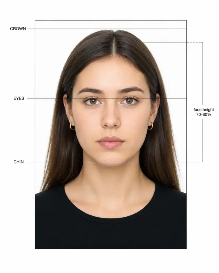 Example passport photo with measurement guides