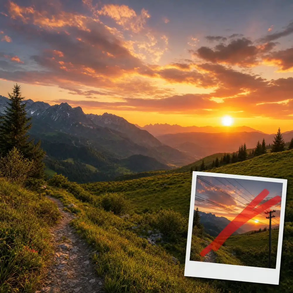 Mountain sunset with power lines and a utility pole removed by AI