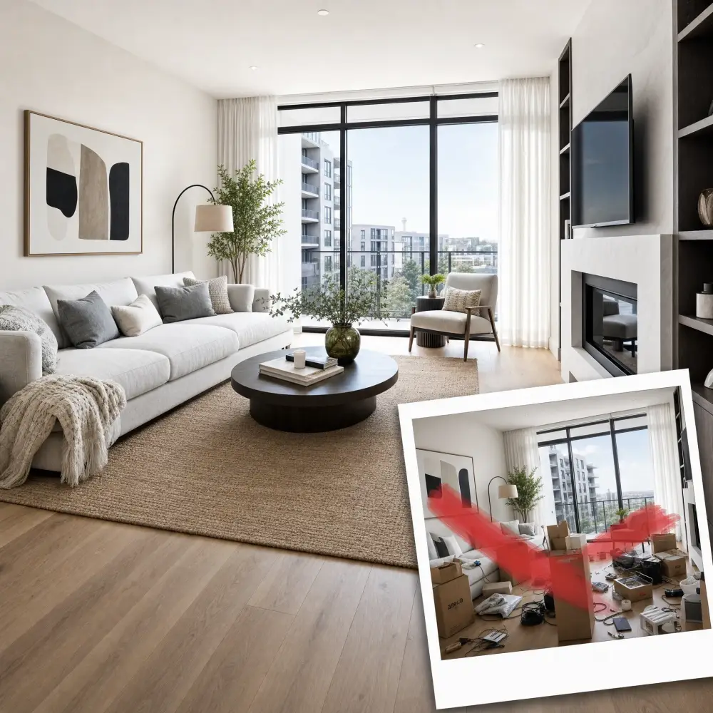 Living room with boxes, cables and clutter removed by AI
