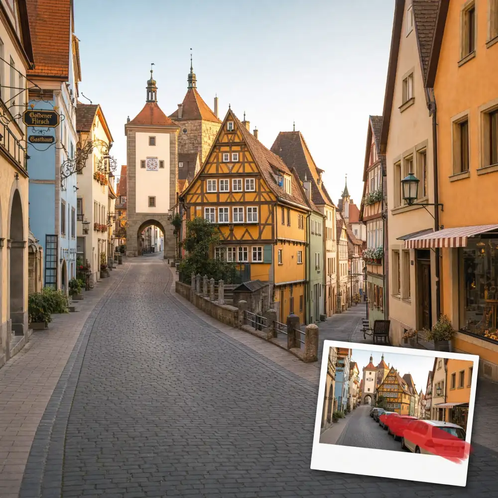 Old-town street with parked cars removed by AI