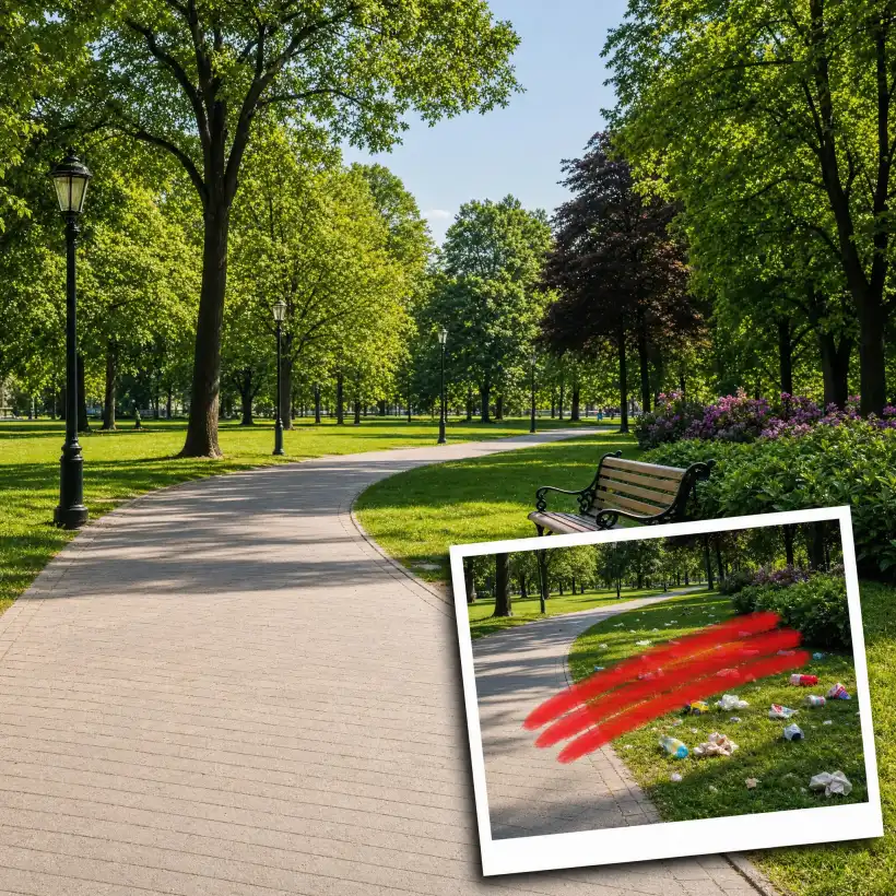 Park scene with scattered trash and litter removed by AI