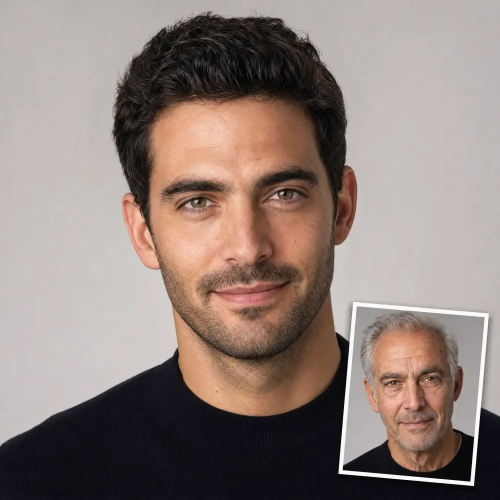 AI age progression of a young man aged to his 70s