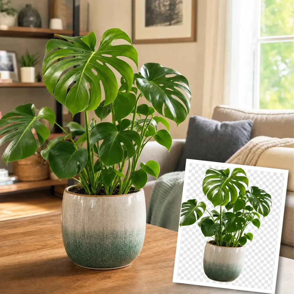 Potted plant with the background removed around intricate leaves