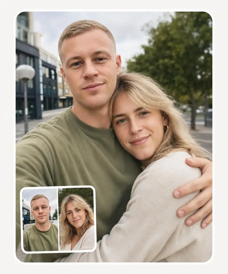 Two separate photos of a man and a woman combined by AI into one frame, standing together in a single natural scene