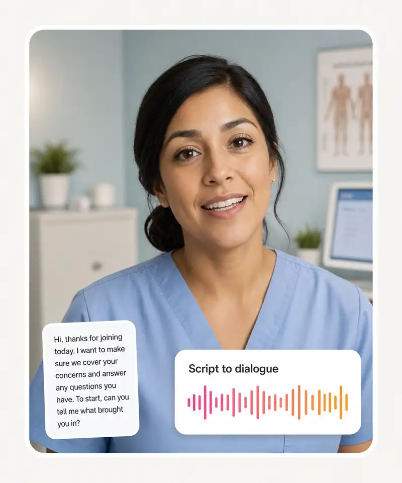 Text-to-avatar interface with a healthcare presenter and audio waveform
