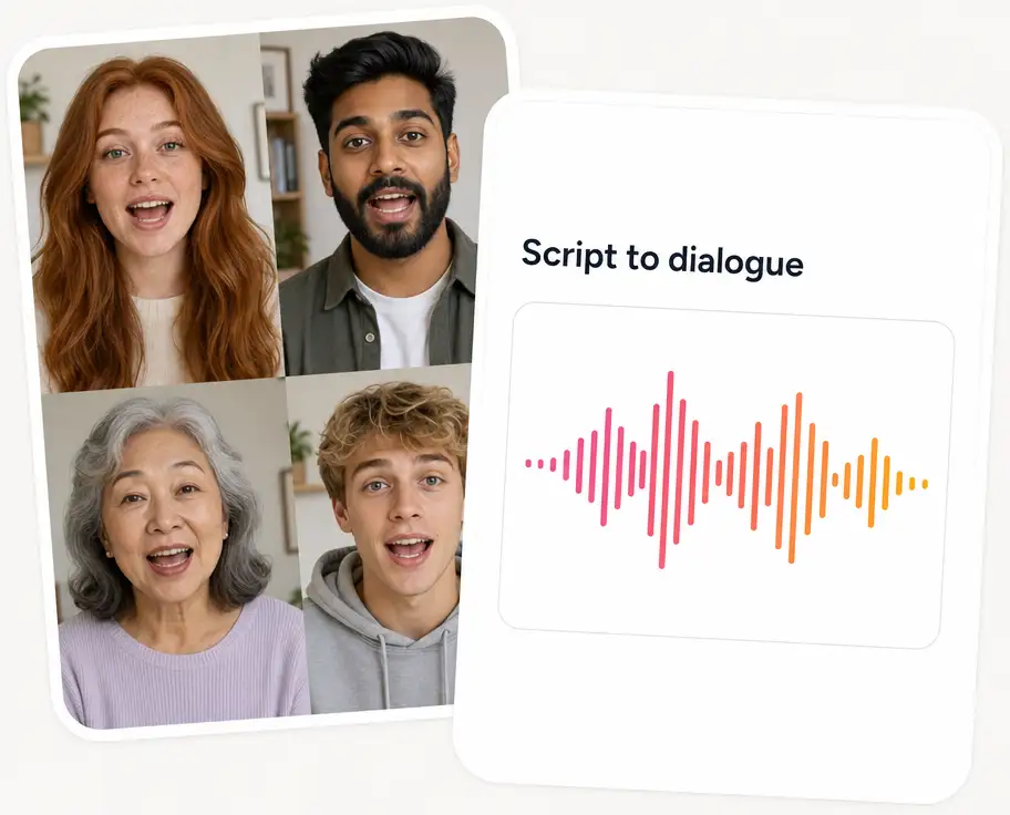 Multiple AI avatars displayed side by side with a script-to-dialogue audio waveform