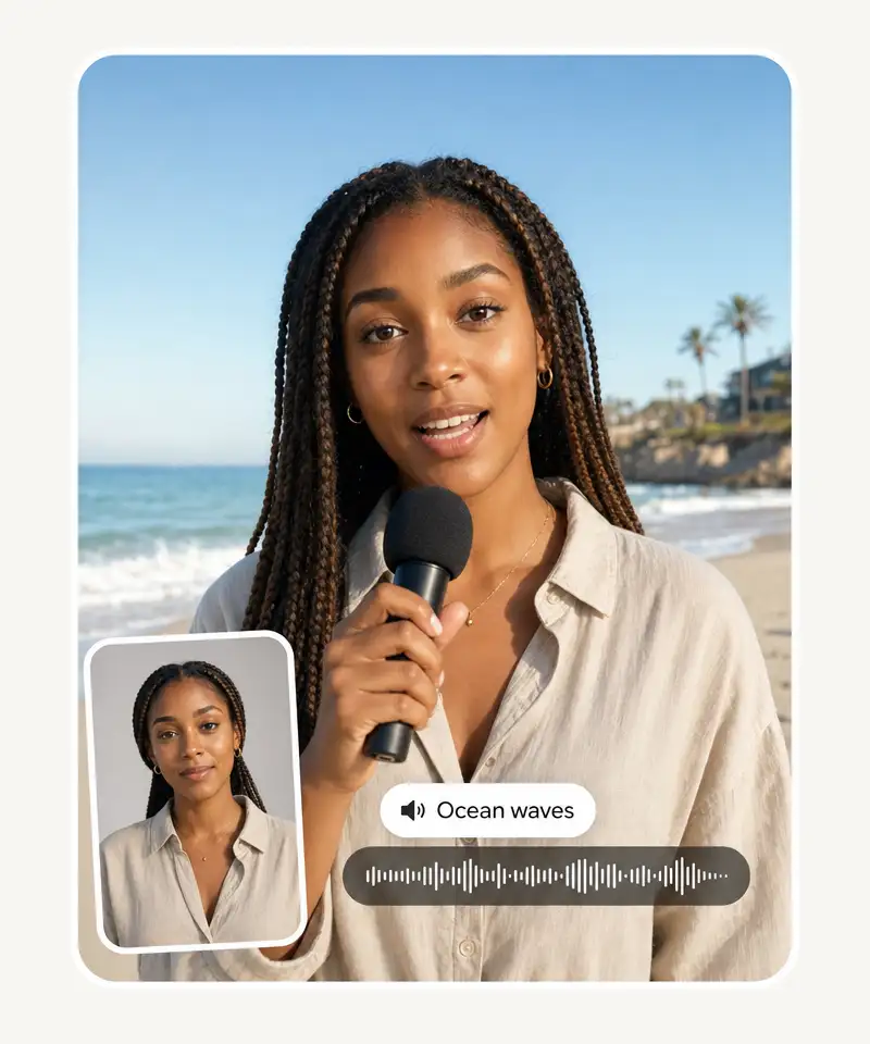 AI avatar holding a microphone on a beach with an ocean-waves sound effect overlay