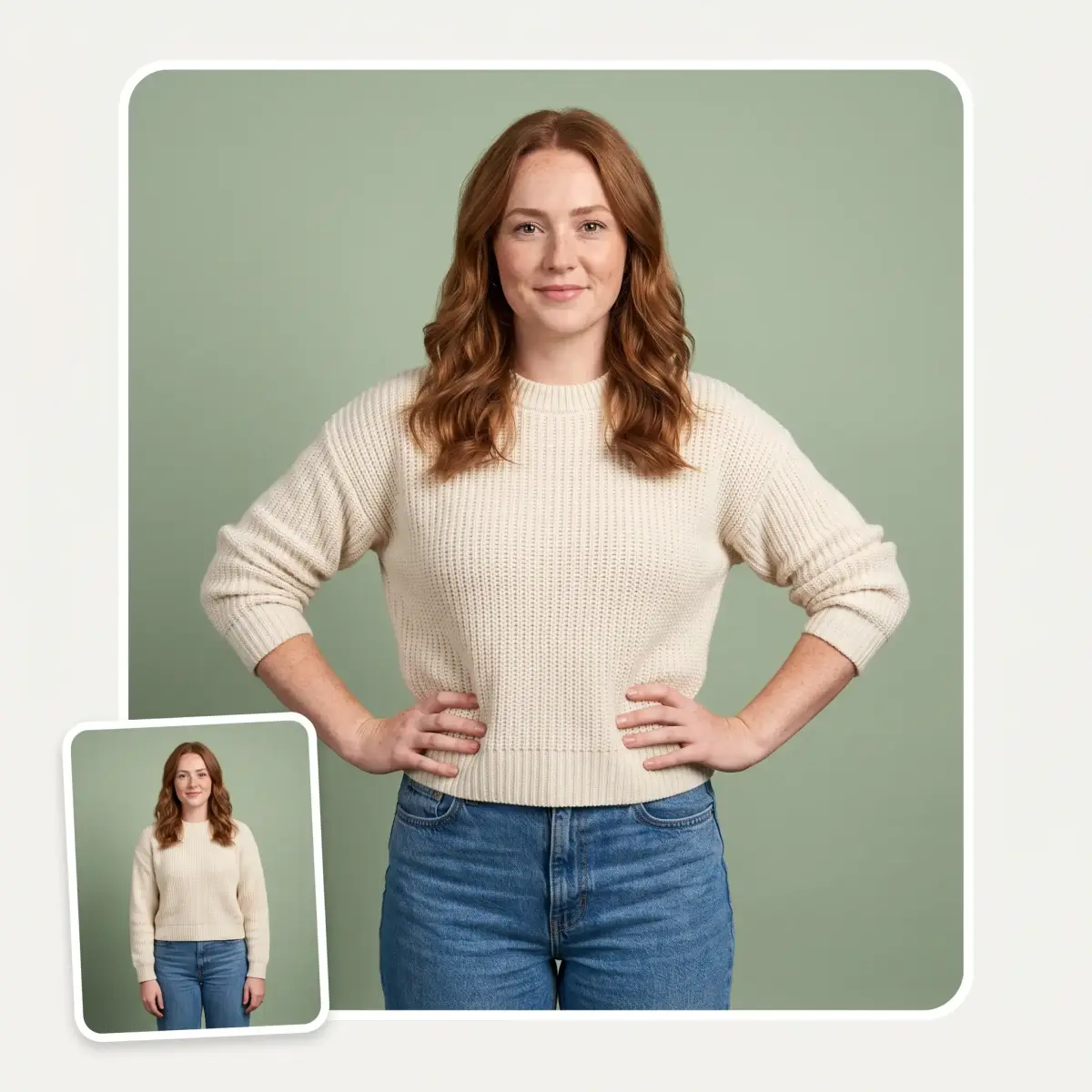 AI pose generator changing a woman's pose to hands on hips while keeping the same face and outfit