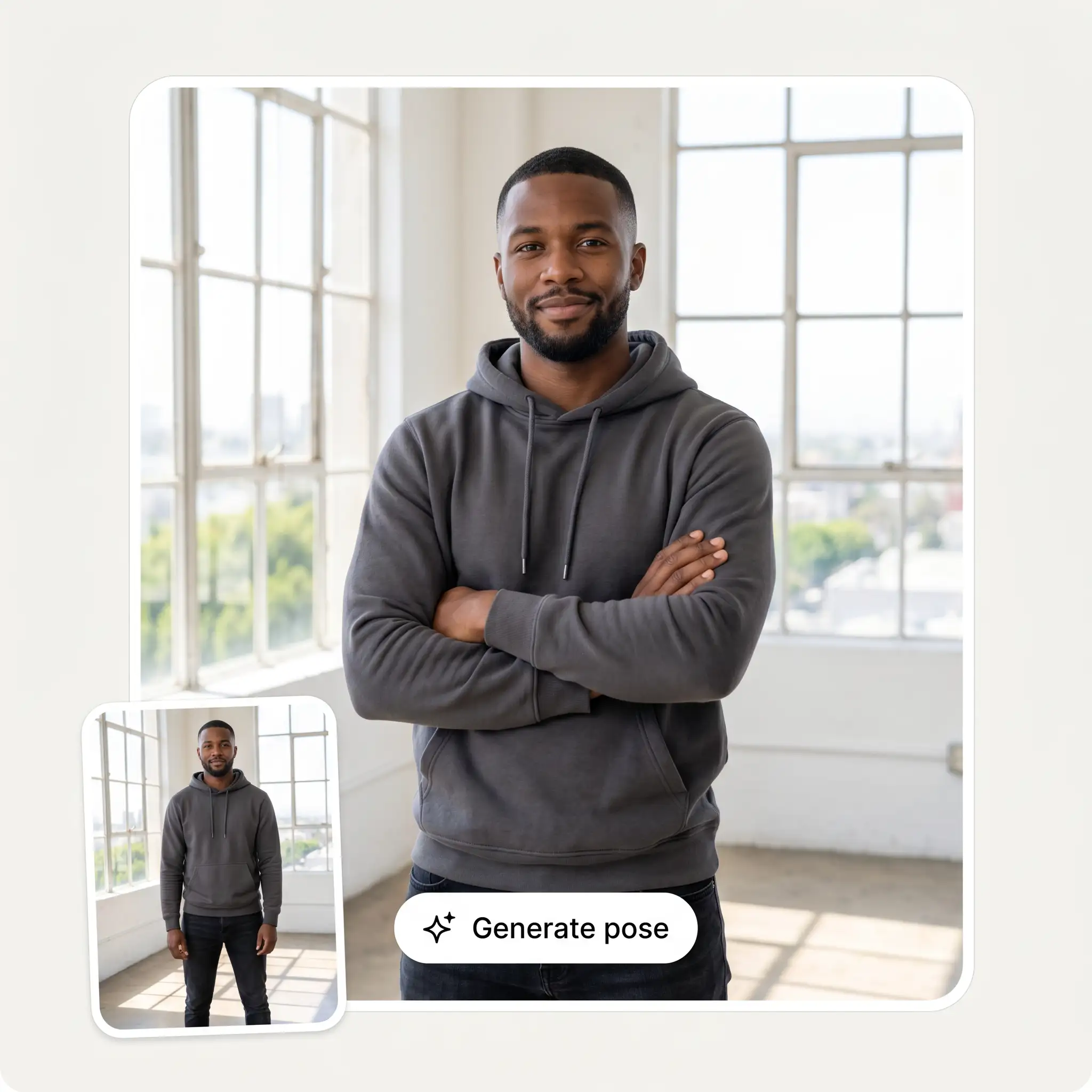 AI pose generator keeping the same person while changing his stance to arms crossed