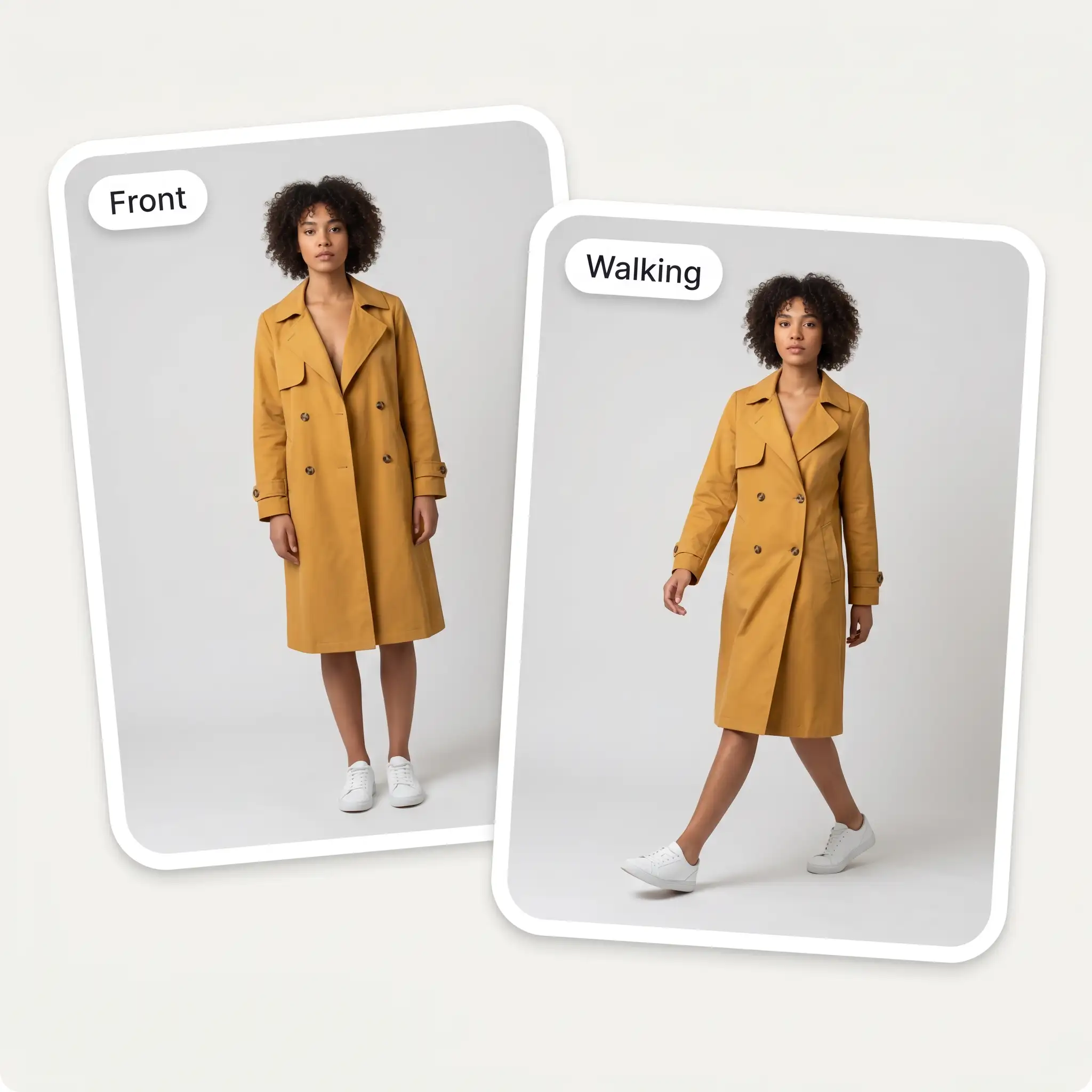 AI pose generator showing the same fashion model in front and walking poses for e-commerce